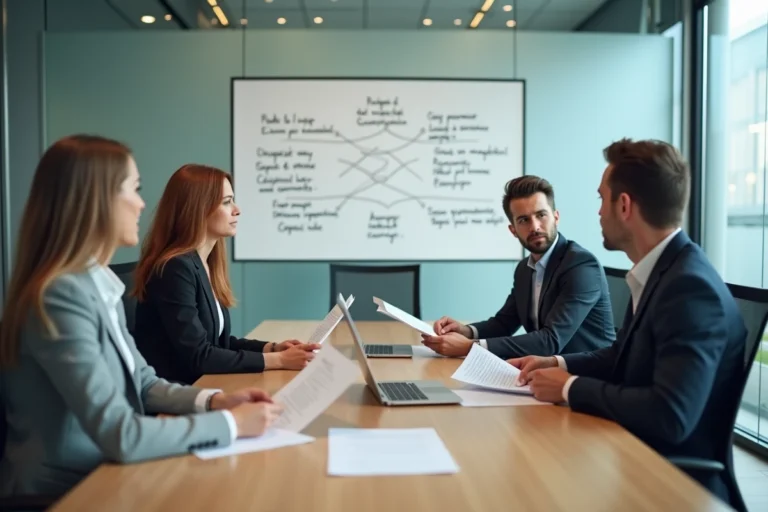 Réunion professionnelle multilingue autour d'une table de conférence en entreprise, collaborateurs échangeant en plusieurs langues avec documents bilingues