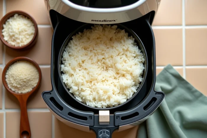Vue aérienne d'un airfryer Moulinex ouvert avec du riz cuit parfaitement moelleux