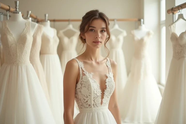 Mariée en robe de mariée Tati 2024 coupe princesse en dentelle dans une boutique parisienne
