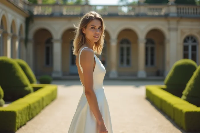 Robe de mariée Tati 2024 style minimaliste en satin portée dans un jardin de château français