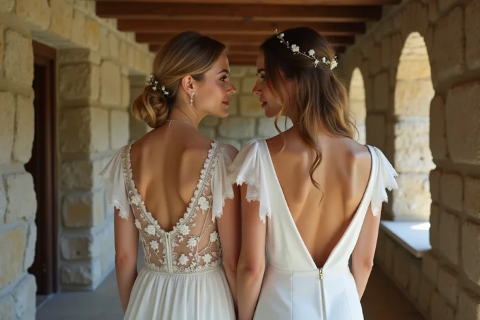 Deux robes de mariée Tati 2024 style bohème et coupe ajustée portées dans une ferme rustique française