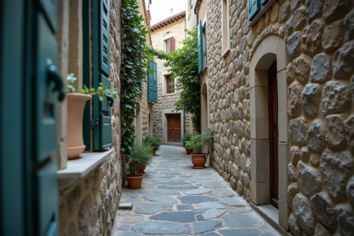 Ruelle pavée du village perché de Sant'Antonino en Corse avec maisons en pierre et portail discret d'une résidence privée
