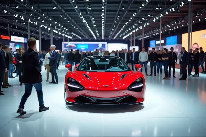 Salon automobile international avec plusieurs nouveaux modèles exposés et visiteurs découvrant les dernières tendances du marché