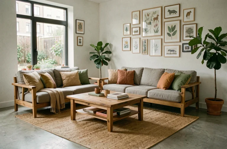 Salon au style scandinave avec décoration unique, meubles en bois naturel, coussins en lin et mur de cadres artistiques