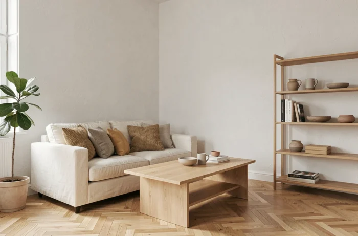 Salon moderne et confortable avec canapé en lin crème, table basse en chêne et plante verte dans un intérieur Scandinave
