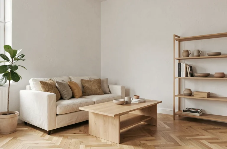 Salon moderne et confortable avec canapé en lin crème, table basse en chêne et plante verte dans un intérieur Scandinave