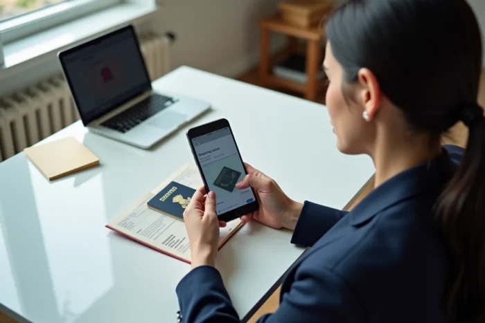 Femme scannant la page biographique de son passeport avec un smartphone sur un bureau blanc