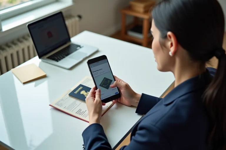 Femme scannant la page biographique de son passeport avec un smartphone sur un bureau blanc