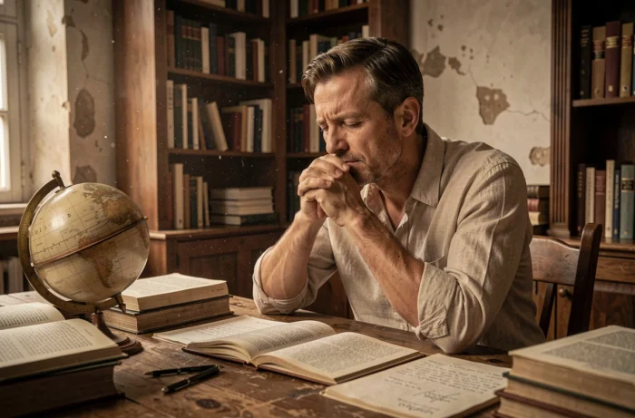 Hombre meditativo rodeado de libros antiguos y de una esfera celeste, buscando el sentido de su destino