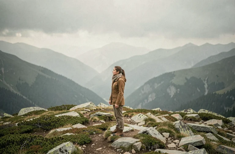 Femme contemplative au sommet d'une montagne brumeuse, symbolisant la découverte d'une grande destinée