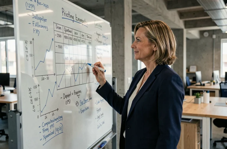 Femme d'affaires analysant une stratégie de fixation des prix sur un tableau en verre dans un bureau moderne