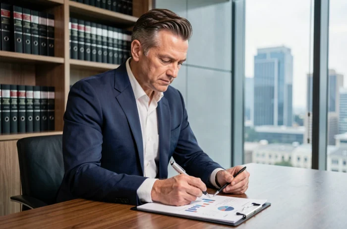 Homme en costume marine analysant des documents financiers dans un bureau bancaire moderne pour optimiser son patrimoine