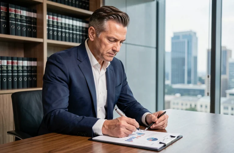 Homme en costume marine analysant des documents financiers dans un bureau bancaire moderne pour optimiser son patrimoine