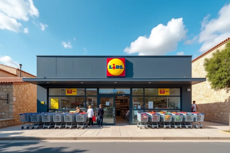 Devanture d'un supermarché Lidl en Corse avec architecture méditerranéenne en arrière-plan