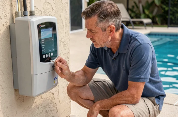 Homme vérifiant la température de coupure affichée sur le tableau de commande d'un électrolyseur de piscine