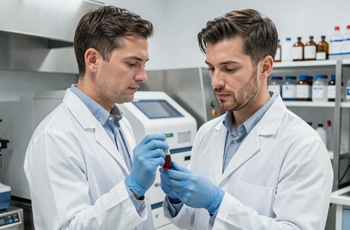 Technicien de laboratoire analysant un échantillon sanguin pour mesurer les triglycérides