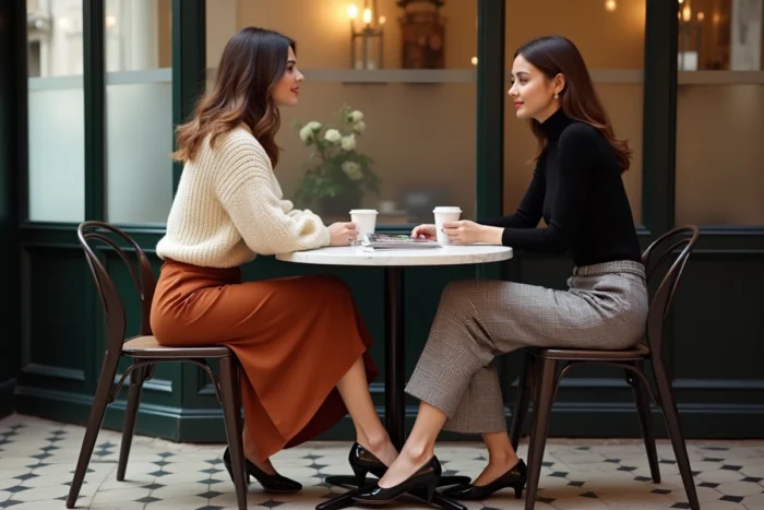 Deux femmes stylées aux tenues tendance contrastées partageant un café dans un bistrot parisien chaleureux