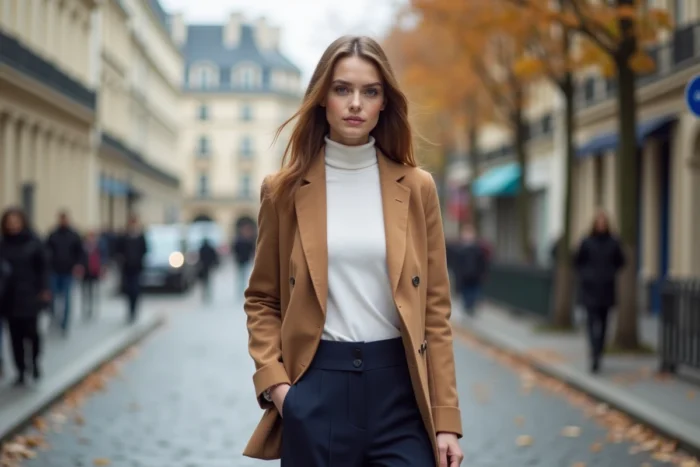 Femme élégante portant un blazer camel et un pantalon large marine dans une rue parisienne pavée en automne