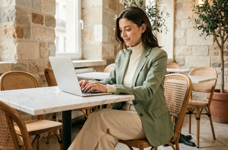 Femme élégante en blazer vert sauge consultant les tendances mode femme sur un ordinateur portable dans un café parisien