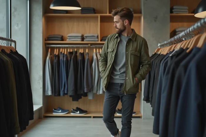 Homme tendance en veste utility olive explorant les dernières collections dans un concept store minimaliste moderne