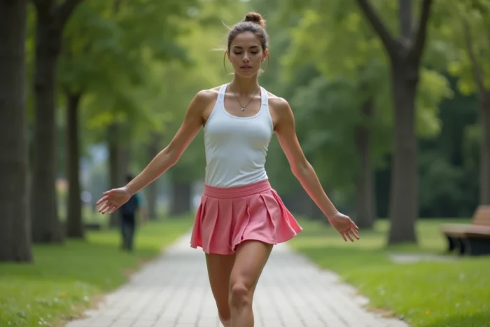 Femme portant une tenue de sport Halara lors d'une séance de stretching dans un parc urbain