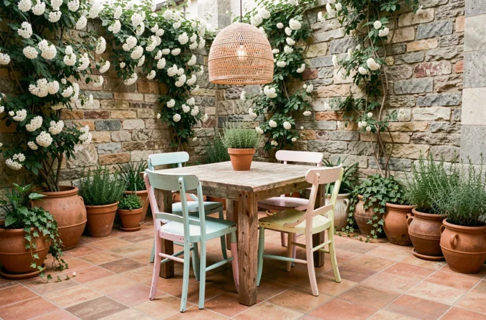 Terrasse extérieure décorée avec des meubles upcyclés, table en bois recyclé, chaises vintages colorées et plantes méditerranéennes