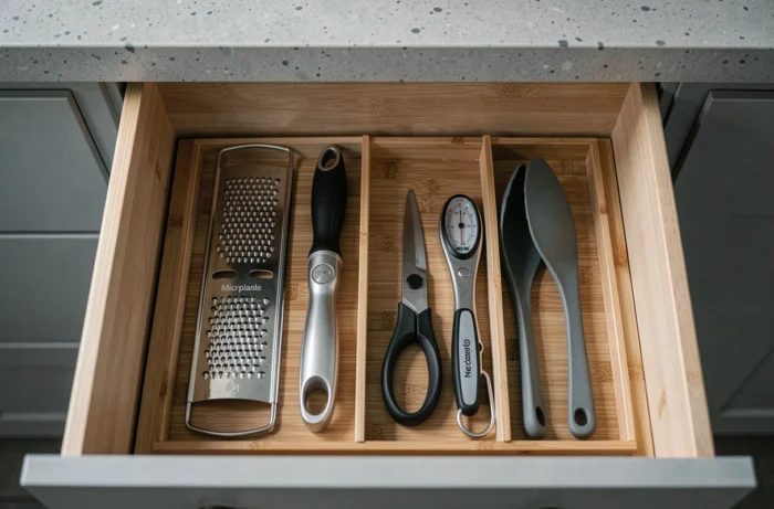 Tiroir de cuisine organisé avec des ustensiles professionnels essentiels rangés dans un organiseur en bambou