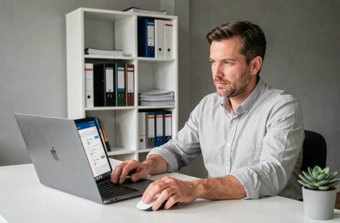Homme consultant un tableau de bord administratif sur un ordinateur portable dans un bureau à domicile pour la gestion de tutelle