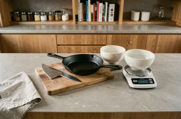 Ustensiles de cuisine essentiels disposés sur un plan de travail en pierre dans une cuisine moderne