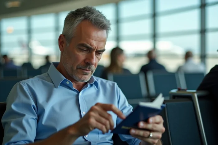 Homme vérifiant la page d'identité de son passeport dans un terminal d'aéroport avant un voyage