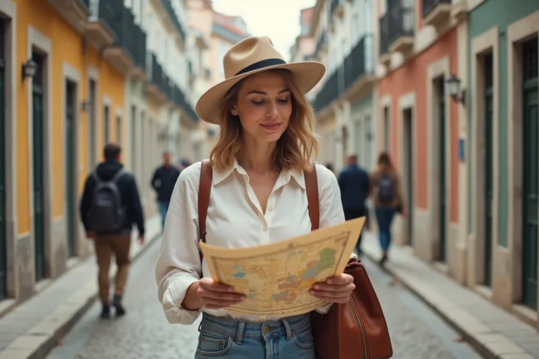 Voyageuse consultant une carte dans une ruelle pavée de Lisbonne aux façades azulejos colorées